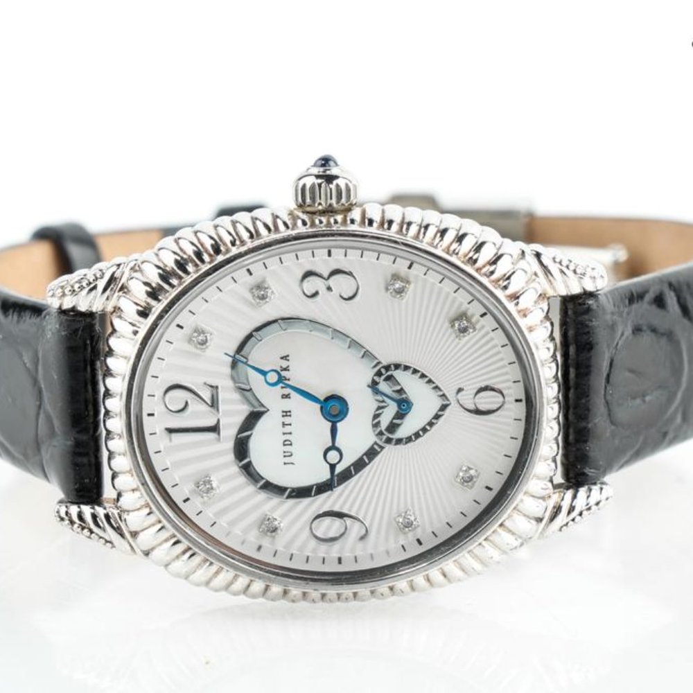Judith Ripka Sterling Silver Double Heart Watch w/ black leather embossed strap